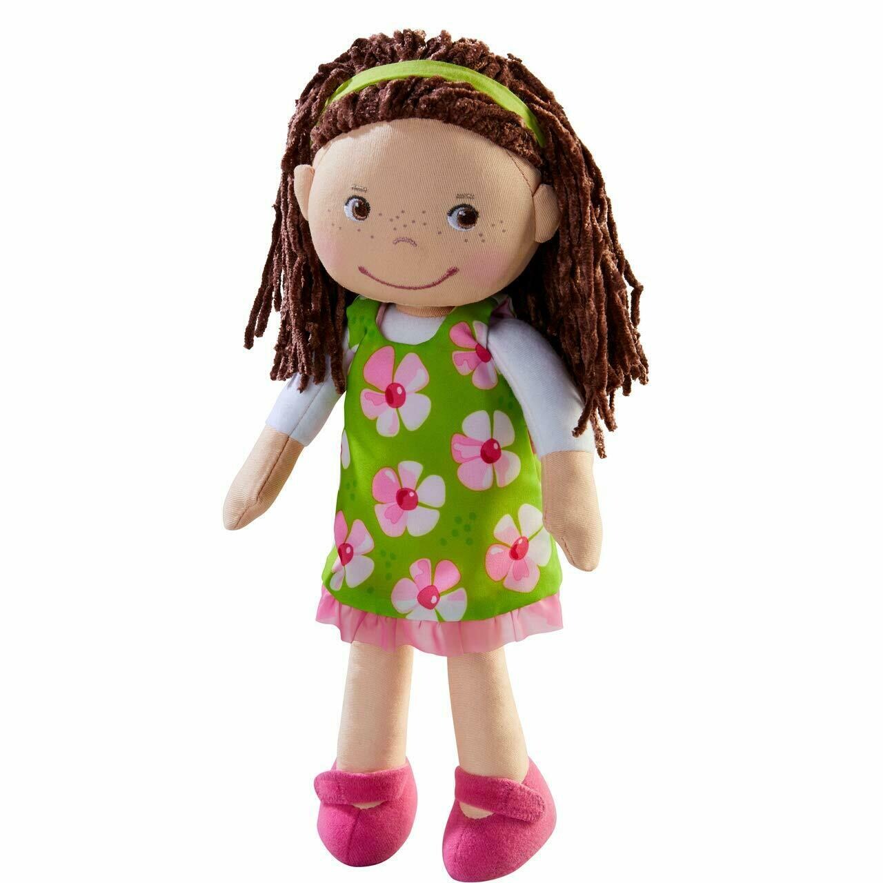 HABA Coco 12" Soft Baby Doll with Brown Hair, Embroidered Face, Removable Green Dress, Matching Headband - Machine Washable Toddler Doll - 18 Months+